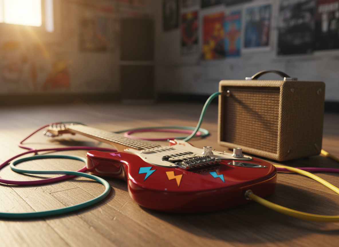 A glossy cherry-red electric guitar with playful lightning bolt stickers on its body rests on a vintage, slightly scuffed wooden rehearsal room floor. Coiled, brightly colored instrument cables loop around it in loose spirals, leading toward a small amp covered in worn tweed fabric. Soft golden hour light spills through an unseen window, creating long, warm shadows and glinting off the guitar’s chrome hardware. Captured at a low, three-quarter angle with a shallow depth of field, the focus lingers on the shimmering strings and volume knobs while the amp and walls blur into a gentle bokeh. The mood is energetic yet inviting, in a photographic, vibrant, modern style that feels like a snapshot of pure musical joy.