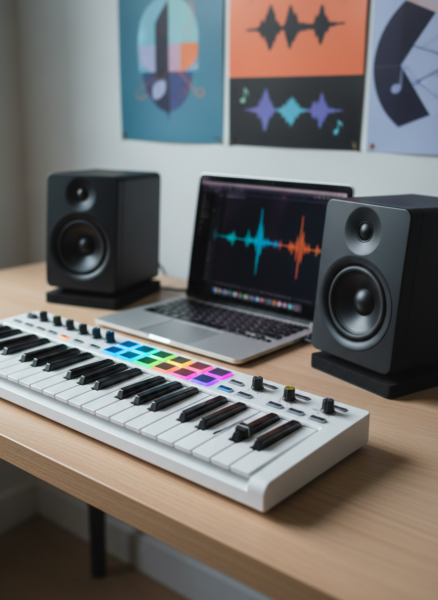 A close-up of a playful desktop music setup featuring a compact MIDI keyboard with colorful, backlit pads, a pair of matte-black studio monitors, and a glossy laptop partially visible, its screen filled with a waveform in bright neon hues. Everything sits on a clean, pale oak desk against a softly blurred wall decorated with abstract, music-themed posters. Cool, diffused afternoon light from the side mixes with the subtle glow of RGB keys, casting gentle reflections on the keys and knobs. Shot from an elevated angle with a crisp, photographic realism, the composition uses the rule of thirds to highlight the keyboard. The atmosphere is creative, modern, and upbeat, like a cozy home studio where playful musical experiments happen.
